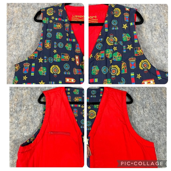 Vtg LizSport Medal Print/Red Reversible Preppy Vintage Military Zip Vest - Sz L - Picture 7 of 16